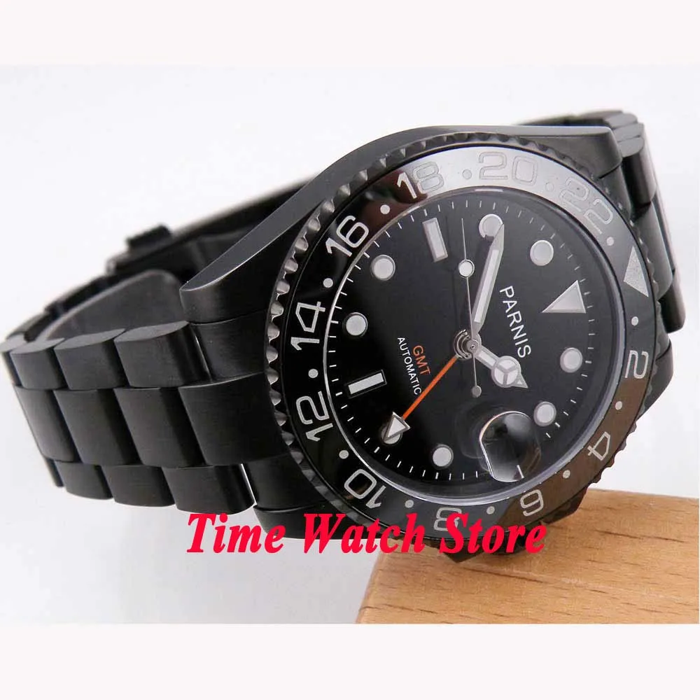 

40mm parnis GMT automatic men's watch pvd case sapphire glass black dial luminous ceramic bezel