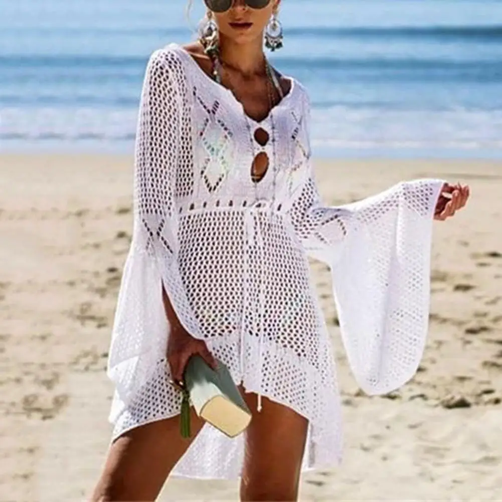 

2021 Hollow Out Crochet White Beach Cover up dress Women Tunic Long Pareos Bikinis Cover ups Swim Cover up Robe Plage Beachwear
