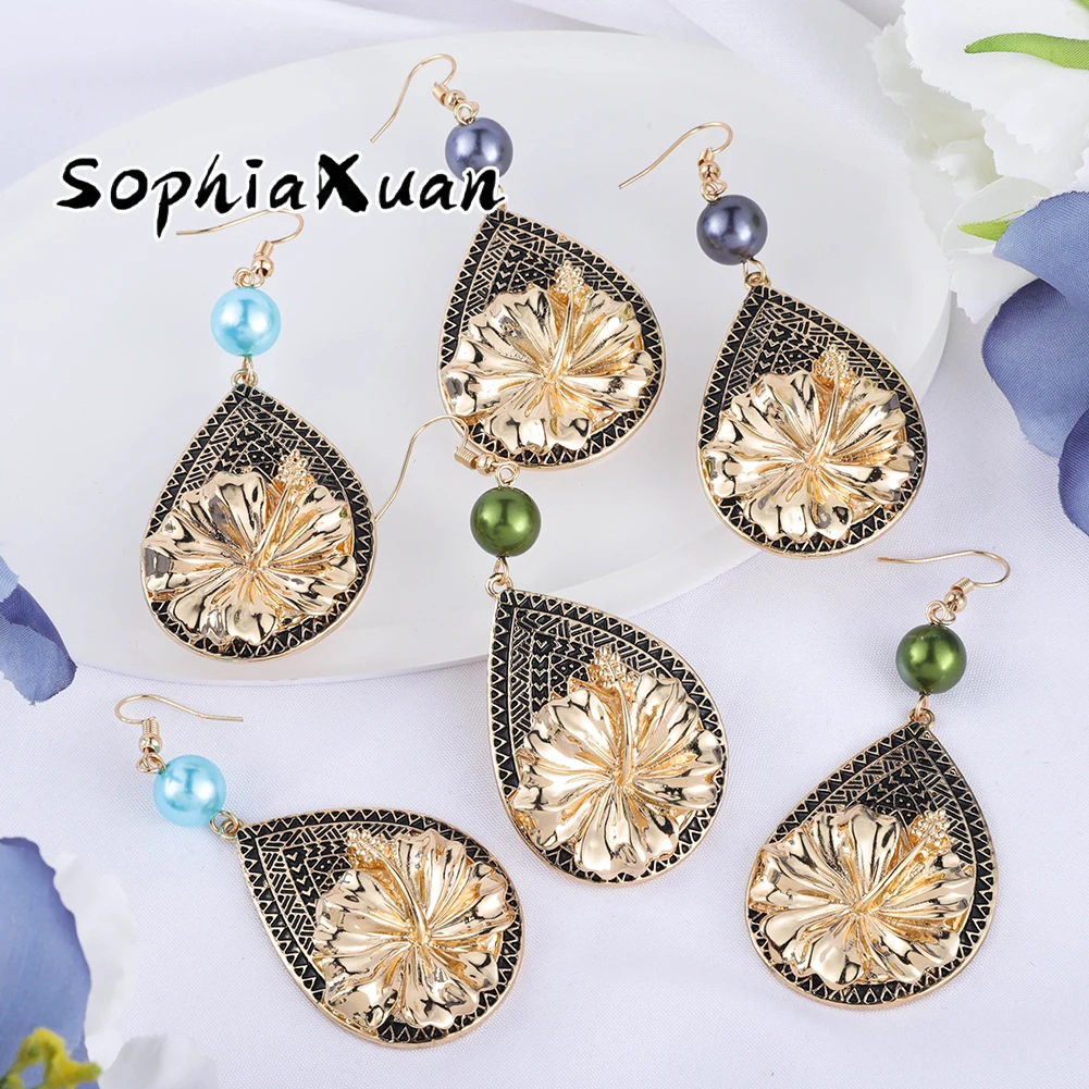

SophiaXuan Fashion Hawaiian Vintage Earrings Water Droplet Pearl Dangle Earrings Polynesian Big Plumeria Earrings for Women 2021