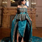 Потрясающие велюра апплике Винтаж марокканский кафтан вечернее платье шик с открытыми плечами одежда с длинным рукавом, платье на выпускной, мусульманское Дубай вечерние платья