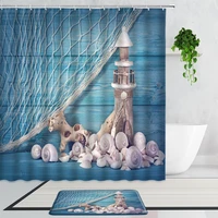 blue wood grain lighthouse shell shower curtains mediterranean style bathroom curtain set non slip carpet bath mats home decor