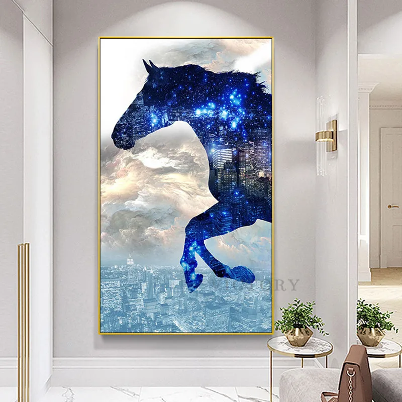 

Fantasy Running Horse Canvas Painting Abstract Blue Buildings Posters and Prints Wall Art Picture for Living Room Aisle Decor
