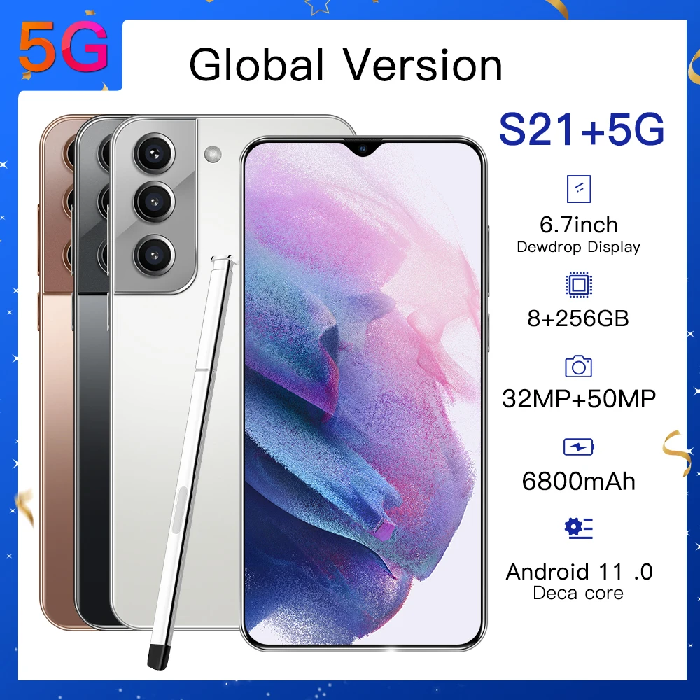 

New Arrival 8 512GB S21+ 6.7Inch 32+50MP Camera 6800mAh Mobile Phone With Stylus 1440*3200 Qualcomm 888 Andriod 11 5G SmartPhone