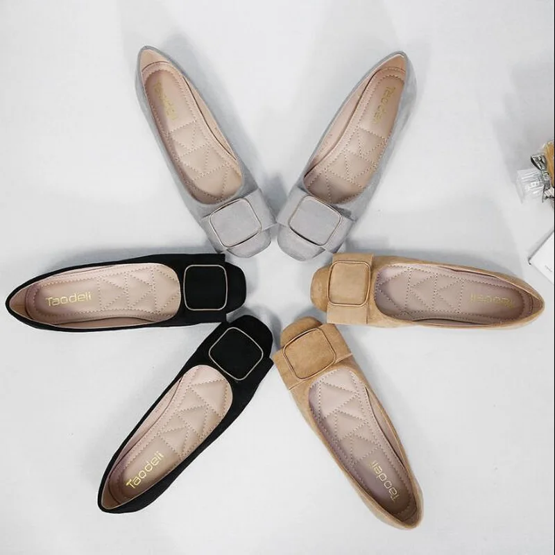 Womens Flat Shoes 2021 Spring Soft Square Toe Ballet Flats Square Buckle Comfort Slip on Flat Shoes Woman 31-45