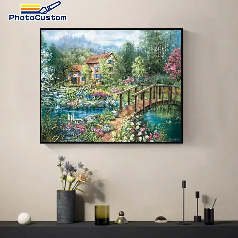 

PhotoCustom DIY Painting By Numbers Forest House DIY Wall Art Oil Paint Bridge Scenery For Adults Home Decor wall Gift artwork