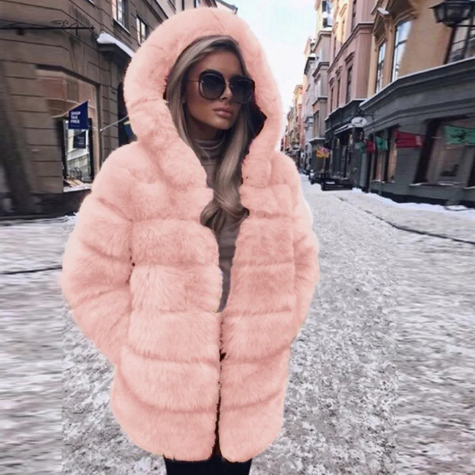 

2020 Winter Thick Warm Faux Fur Coat Women Plus Size Hooded Long Sleeve Faux Fur Jacket Luxury Winter Bontjas Furry Womens Coat