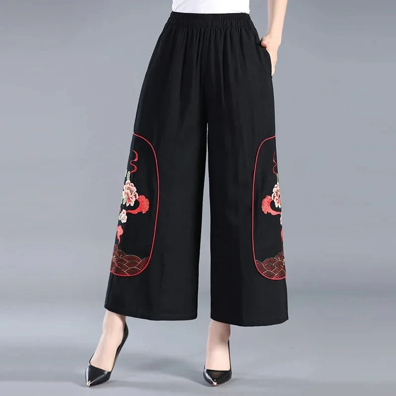 

Summer Embroidered Culottes Retro Loose Ankle Lengtht Pants Female Plus Size Wide-Leg Pant Mom Straigh Leg Pants Female Cotton