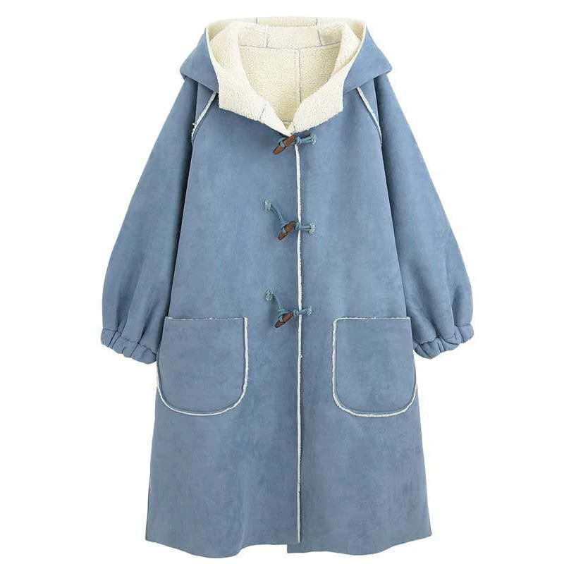 

CHICEVER Lambswool Trench Parkas For Women Hooded Collar Long Sleeve Patchwork Horn Button Plus Size Thick Coat Female 2020 Tide