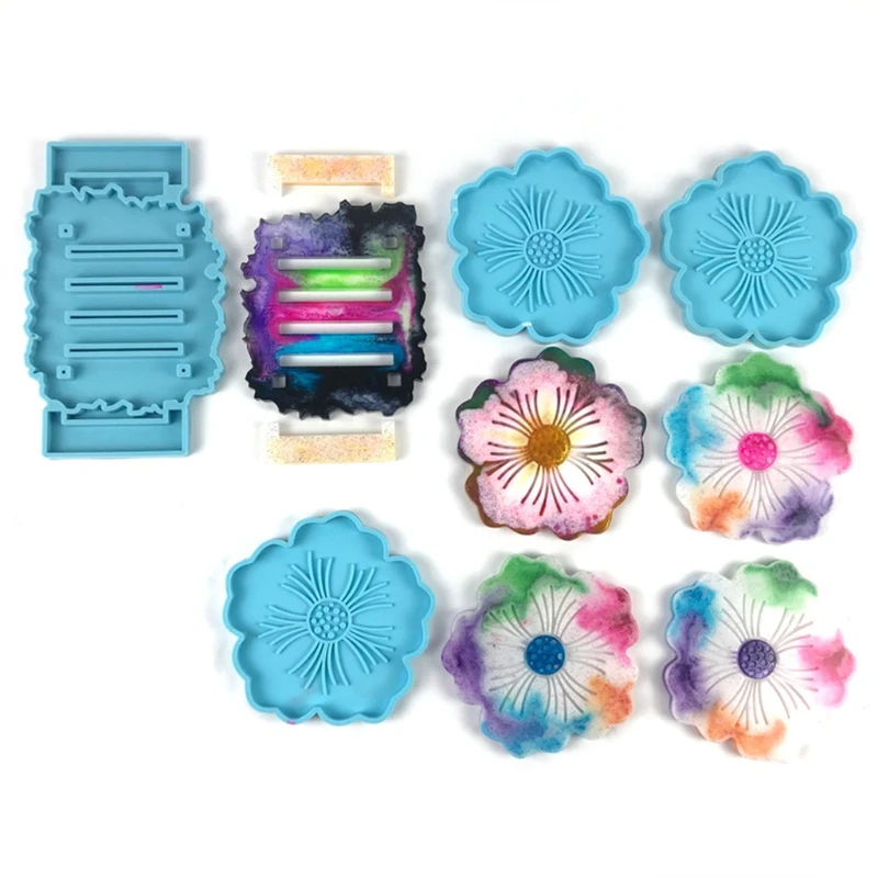 

1 Set Cup Mat Pad Silicone Mould DIY Crafts Casting Tool Flower Shape Coaster with Storage Rack Epoxy Resin Mold