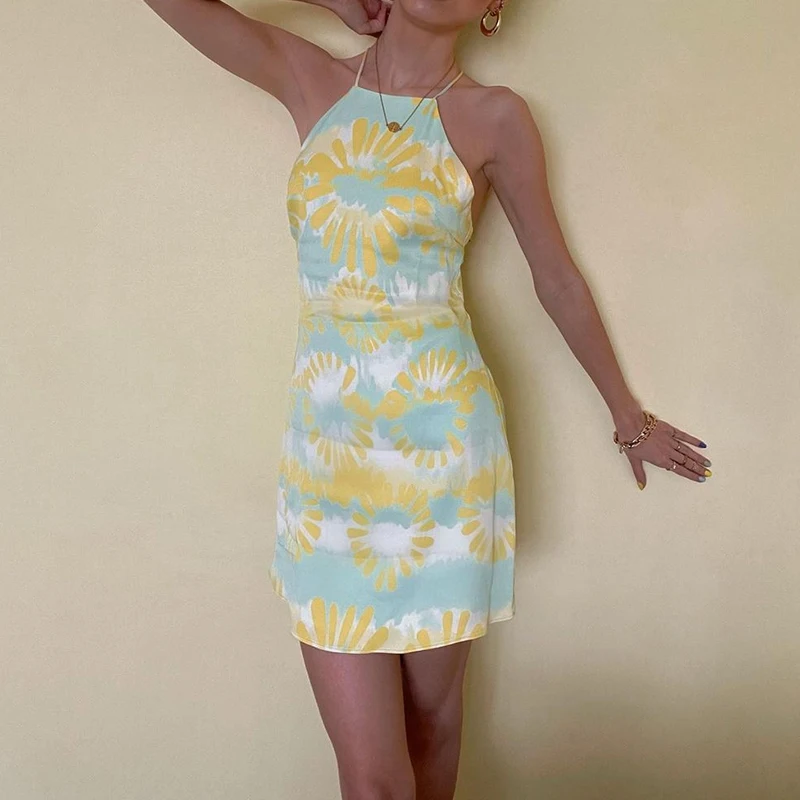 

Waatfaak Tie Dye Yellow Floral Printed Summer Mini Dress Women Vintage High Waist Backless Dress Casual Party Cut Out Sundress