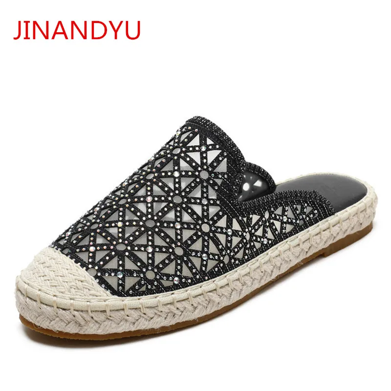 

Size 42 Mules Shoes Women Crystal Mesh Slippers Summer Slides Shoes Espadrilles Platform Casuales Woman Flats Fisherman Shoes
