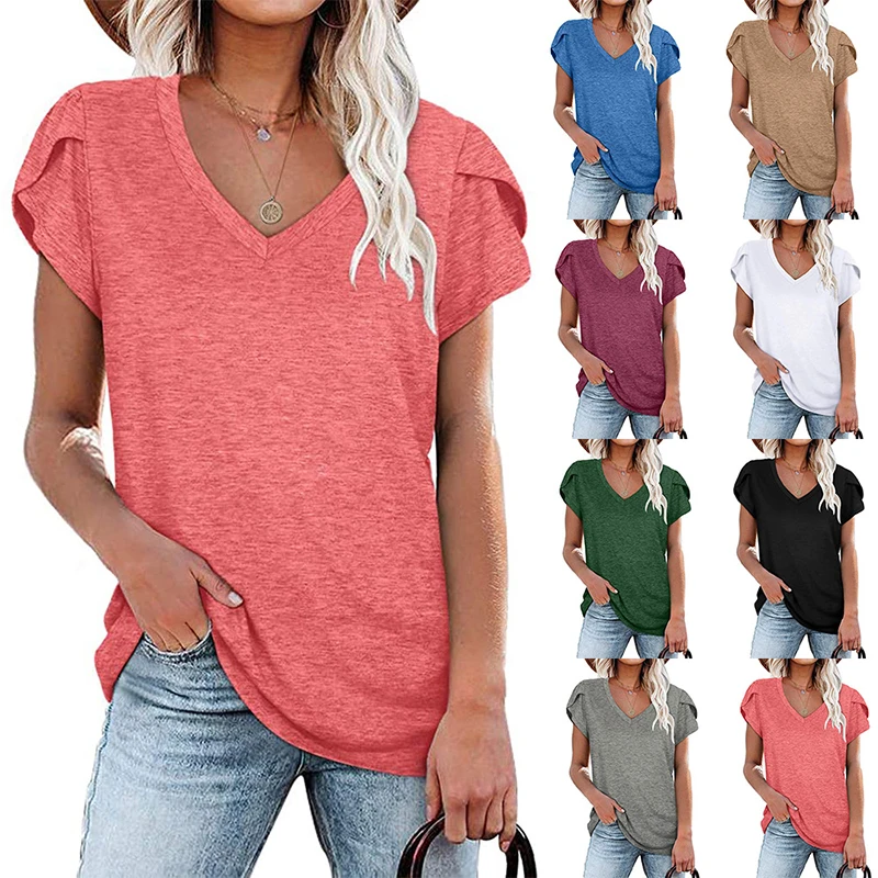 

2021 Fashion New Women T-Shirt Elegant Solid Color Ladies Tee Casual V-Neck Short Sleeve Female Tops