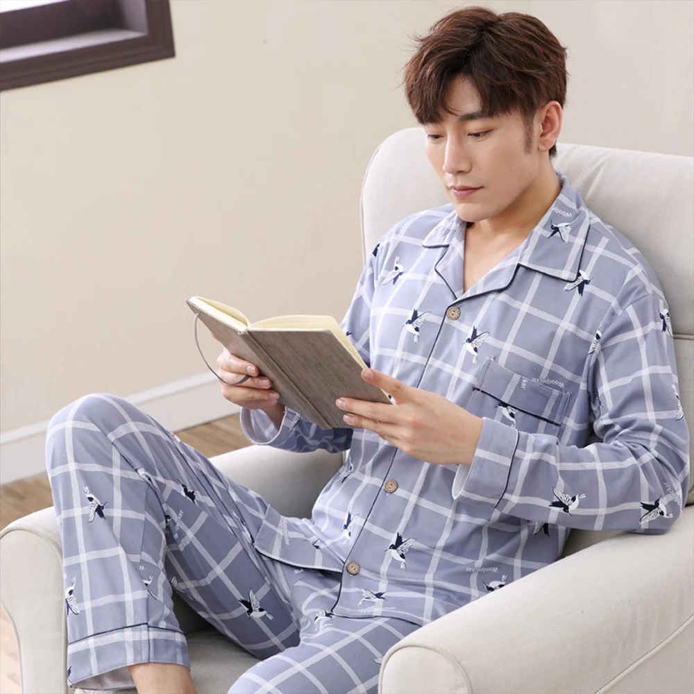 Spring Autumn Pajama Sets Suit Knitted Cotton Casual Long Sleeve Sleepwear Plaid Home Wear Plus Size Comfortable Pajamas For Men