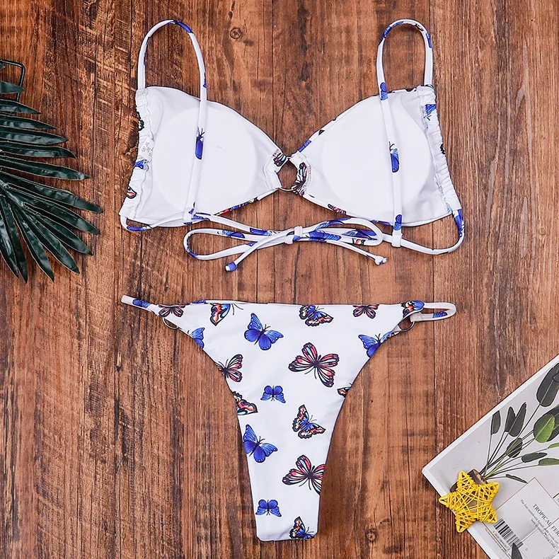 

New Butterfly Printed Halter Bikini Female Swimsuit Women Swimwear Two-pieces Bikini Set Wrinkled Bather Bathing Suit Swim