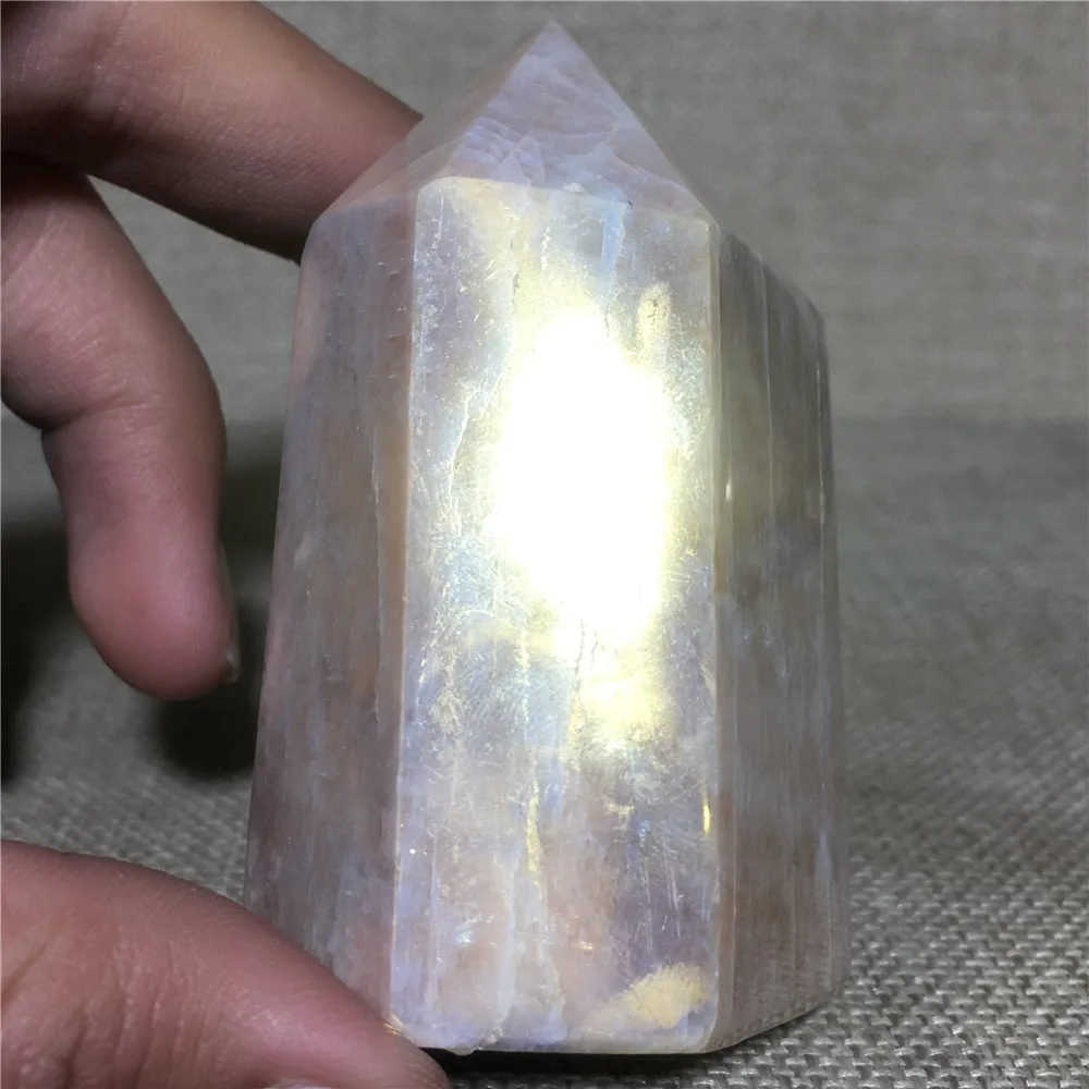 

Aura Natural Moonstone Quartz Wand Home Furnishing Decoration Electroplate Stone Gift Hexagonal Prisms Crystal Rod Column Tower