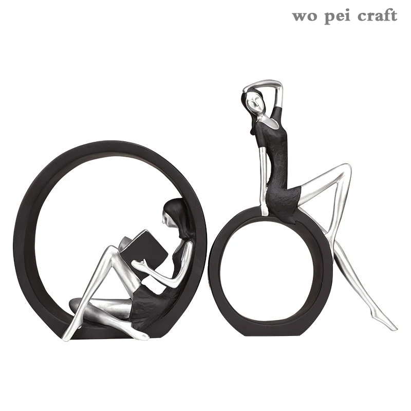 

2 Pcs/set Resin Portrait Girl Statuette Ring Frame Decorative Abstract Figure Statue Desk Decoration Crafts Modern Home Decor