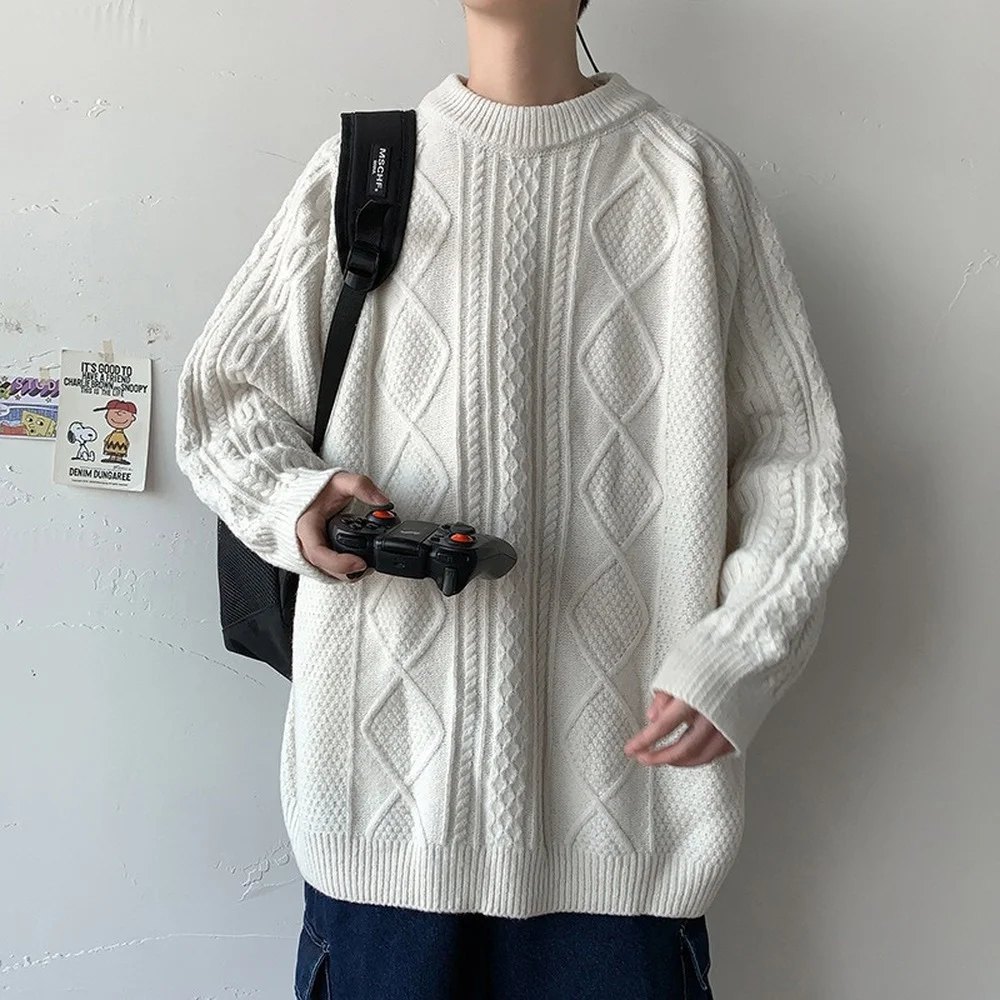 

Свитер мужской с круглым вырезом, рубашка с длинными рукавами, модная одежда в корейском стиле, вязаный свитер оверсайз, белый