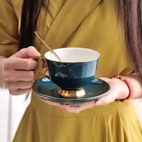 coffee cup set ceramic dark green with spoon plate porcelain tea cup set plate breakfast milk cup 200ml 230ml