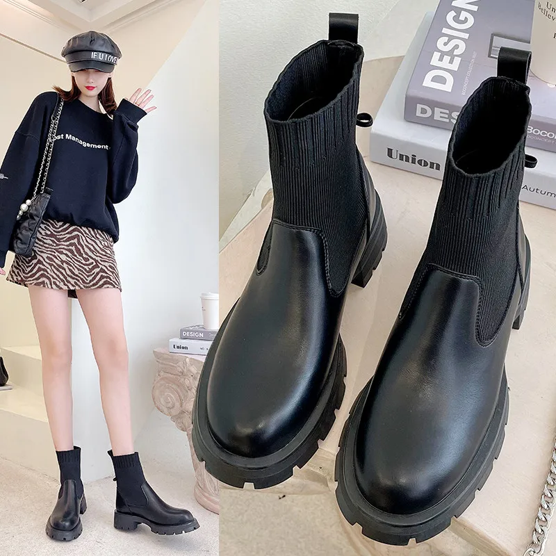 

Black Short Boots Female Autumn 2021 New Square Toe Thick Heel British Style Martin Boots Female Side Zipper High Heel Boots