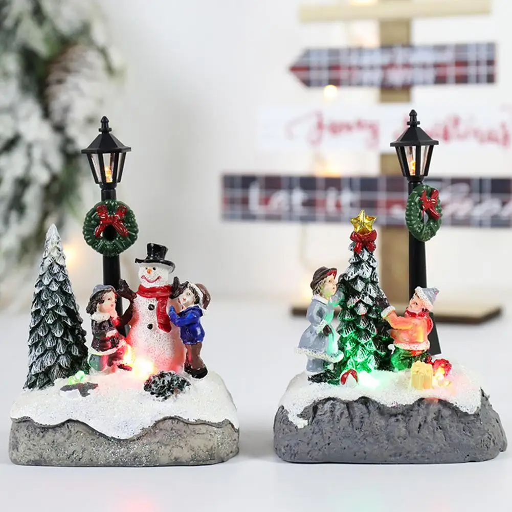 Glowing Christmas Village Resin Ornament Christmas Tree House Building 2021 New Year Figurine Decoration For Children Gift