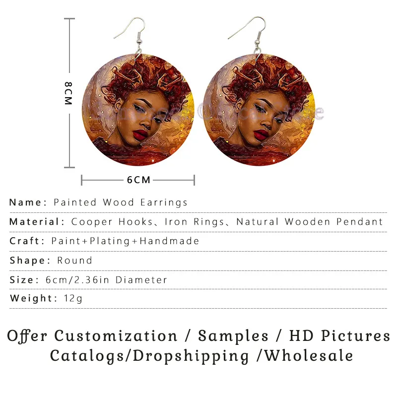 SOMESOOR Printed Diva Comic Afro Queen Wooden Drop Earrings African Natural Hair Graffiti Art Design Dangle Jewelry For Women | Украшения и