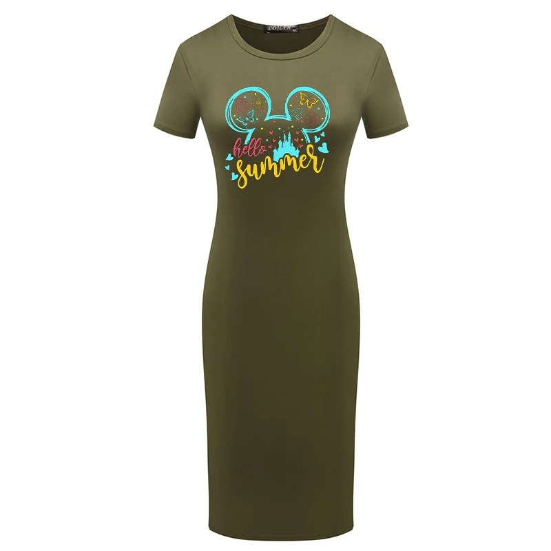 

Summer Ladies Minnie Mickey Print Dress Bodycon O Neck Girls Mini Fitted Casual Short Sleeve Party Pencil Dresses Femme Robes