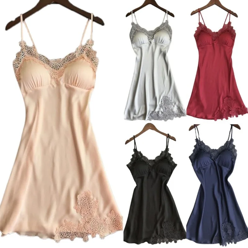 

Однотонная кружевная ночная сорочка на бретельках, женское шелковое нижнее белье без рукавов, платье, ночная рубашка