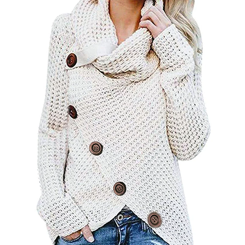 

Fashion Knitted Sweater 2020 Autumn Winter Women's Buttons Loose Pullovers Coat Warm Turtleneck Irregular Sweaters
