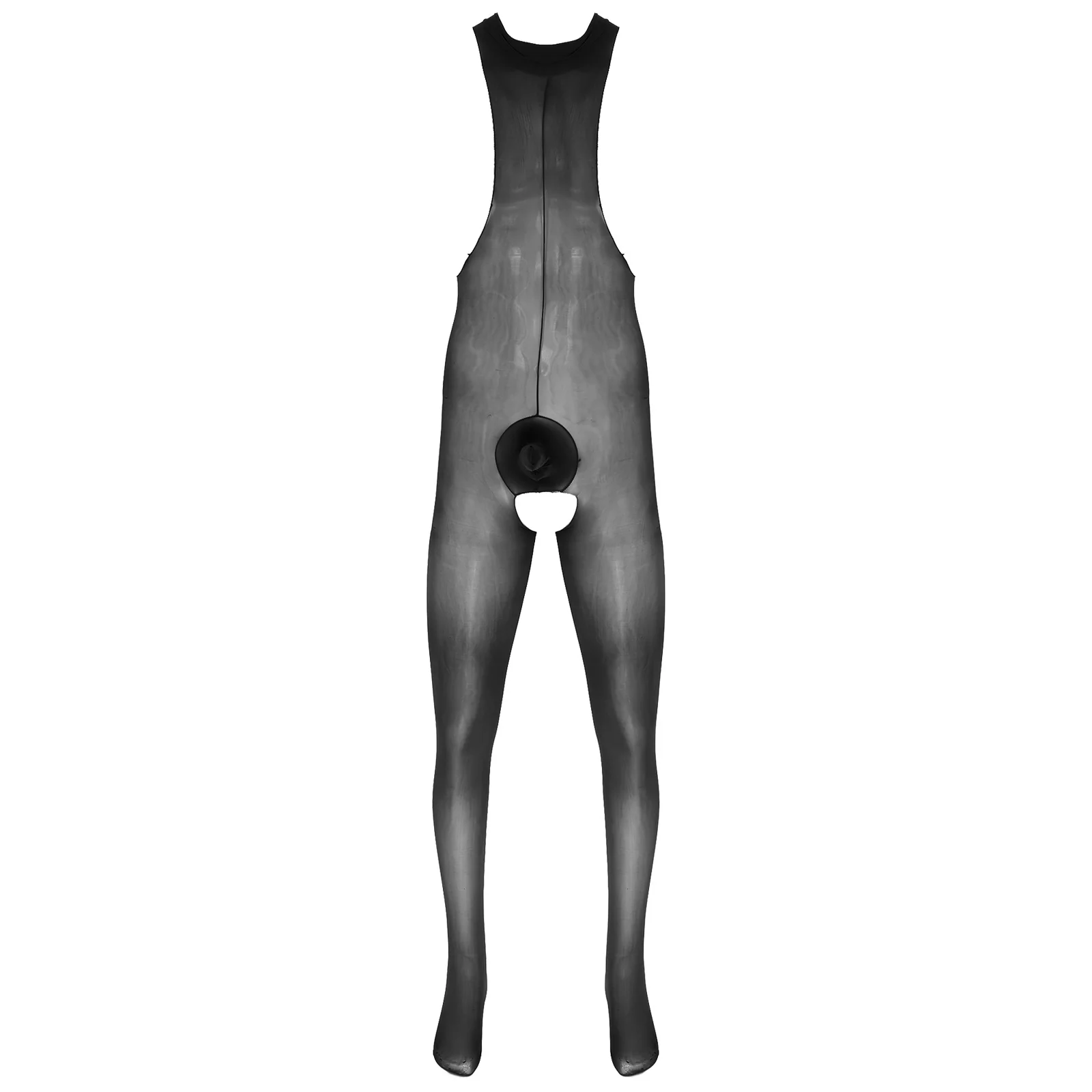 Мужское прозрачное боди с круглым вырезом глянцевое трико без рукавов вырезами