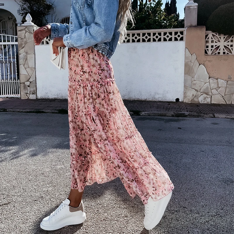 

Floral Print Long Skirt High Waist Summer Split 2021 Women Boho Casual Chiffon Beach Faldas Female Elastic Waist Holiday Skirts