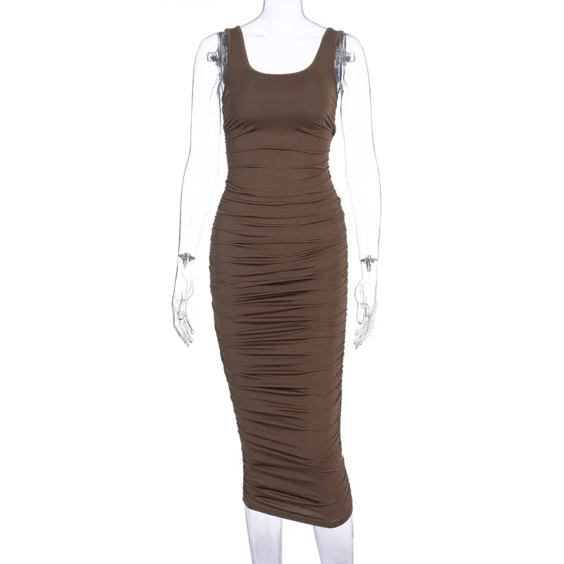 

Women Sleeveless Skinny Clubwear Basic Hot Midi Dress Ruched Solid Sexy Bodycon Party Dresses