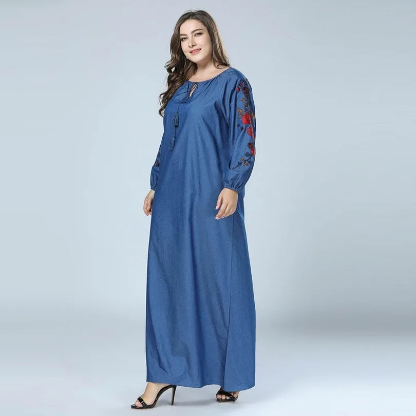 Плюс Размеры осень вышивка Абая для мусульман Джинсовое платье одежда из Дубая с