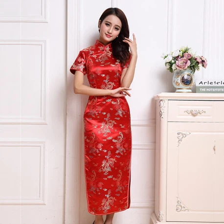 Женское платье-Чонсам с коротким рукавом в винтажном стиле красное трикотажное