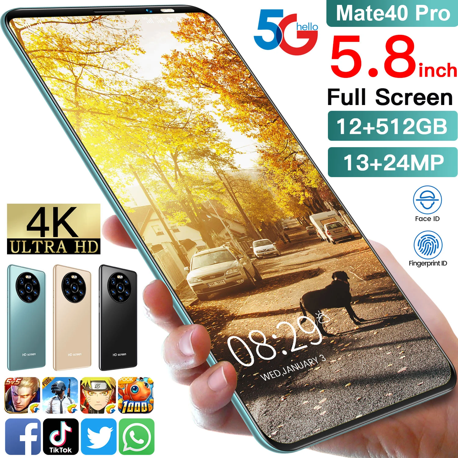 

Newest HUAWE Mate40 Pro 5.8 Inch Global Version Smartphone 12GB 512GB 4k HD Screen Deca Core 4800mAh Dual Sim Card Mobile Phone