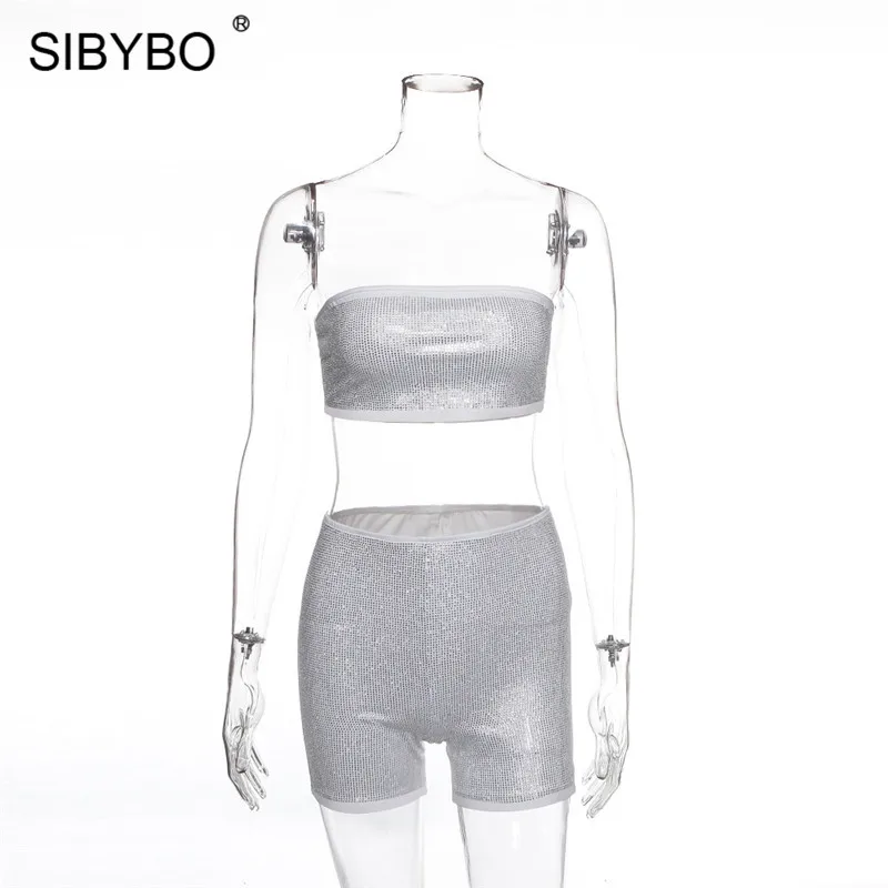 Белый Sibybo,, без бретелек, сексуальный комплект из двух предметов, женский летний укороченный топ с открытыми плечами и шорты, комплект, пляжная одежда, женские спортивные костюмы - Цвет: Белый