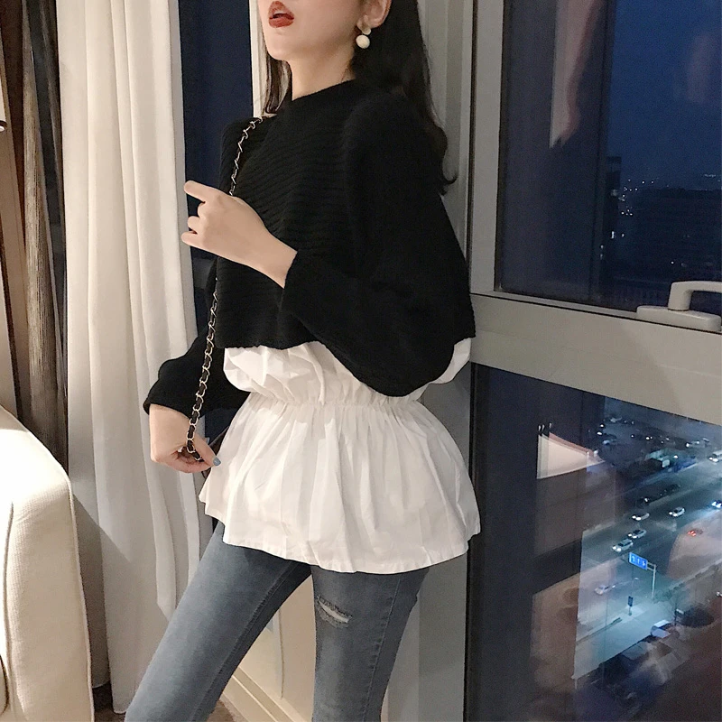 TWOTWINSTYLE Korean Women's Sweater O Neck Long Sleeve Patchwork Hit Color Female Pullovers 2020 Autumn Oversized Fashion New | Женская