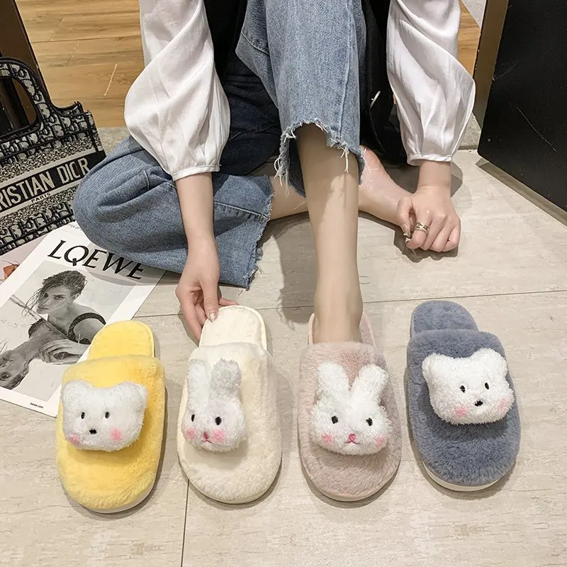 

2020 Winter Warm Home Women Fur Slippers Cute bear Animals Indoor Cotton Ladies Slippers Soft slippers women shoe