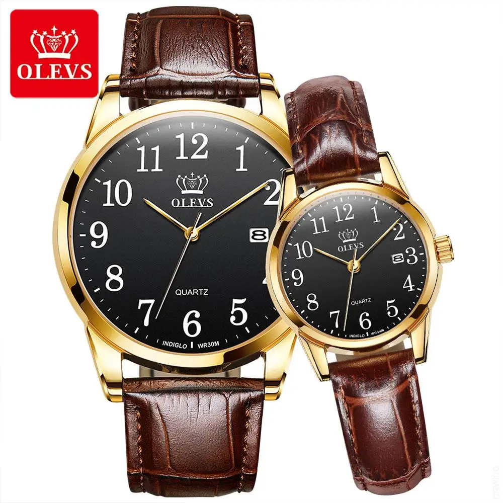 OLEVS Couple Quartz Watch Waterproof Fashion Watches Casual Luxury Dress Genuine Brown Leather  Wristwatch Lover Watch Gifts Set
