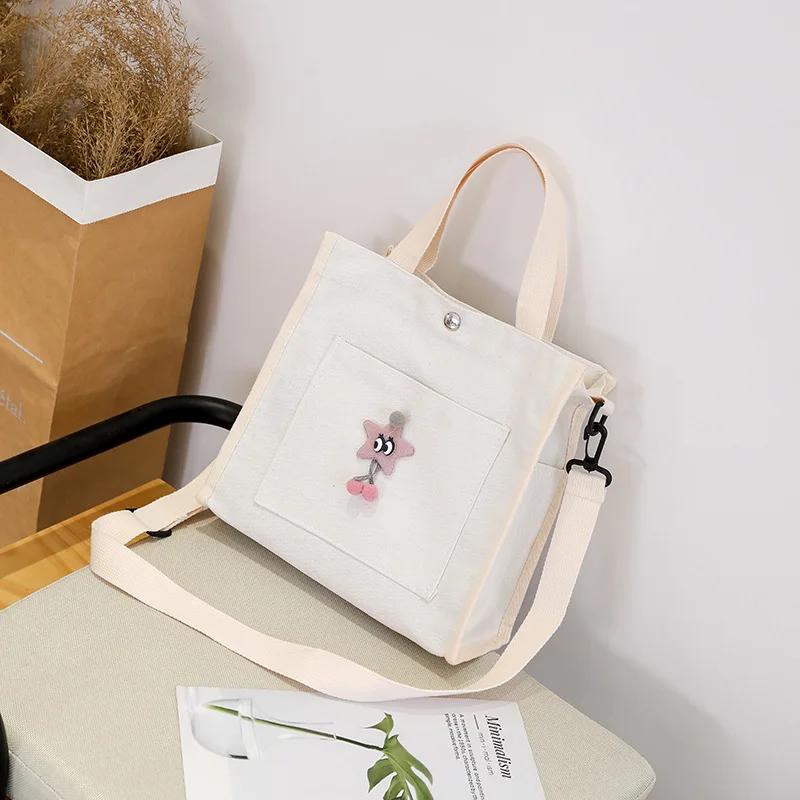 

Ladies canvas shoulder bag double pocket messenger bag college student school bag casual girl large-capacity travel shopping bag