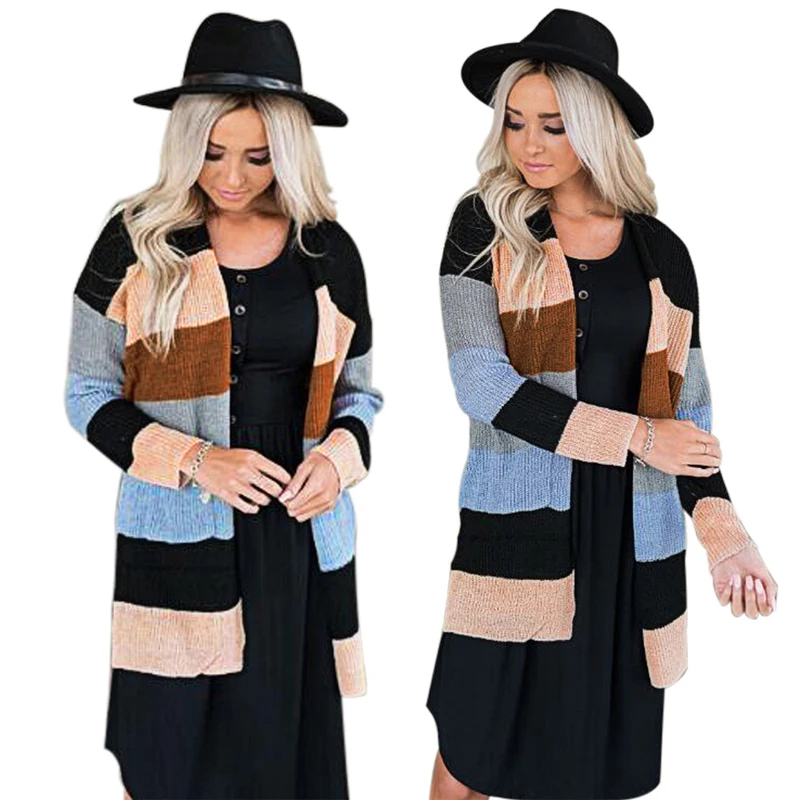 

Striped Contrast Woman Sweater Spring Autumn Thin Long Casual Women Sweaters O-Neck Patchwork Colorblock Warm Tops Cardigan