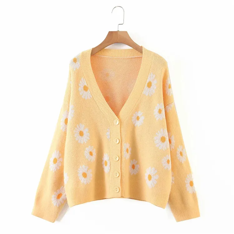 Kpytomoa Femme Fashion Print Soft Sweater Ladies Full Sleeve Floral Single Little Daisy V-Neck Pull Oversize Cardigan Streetwear |