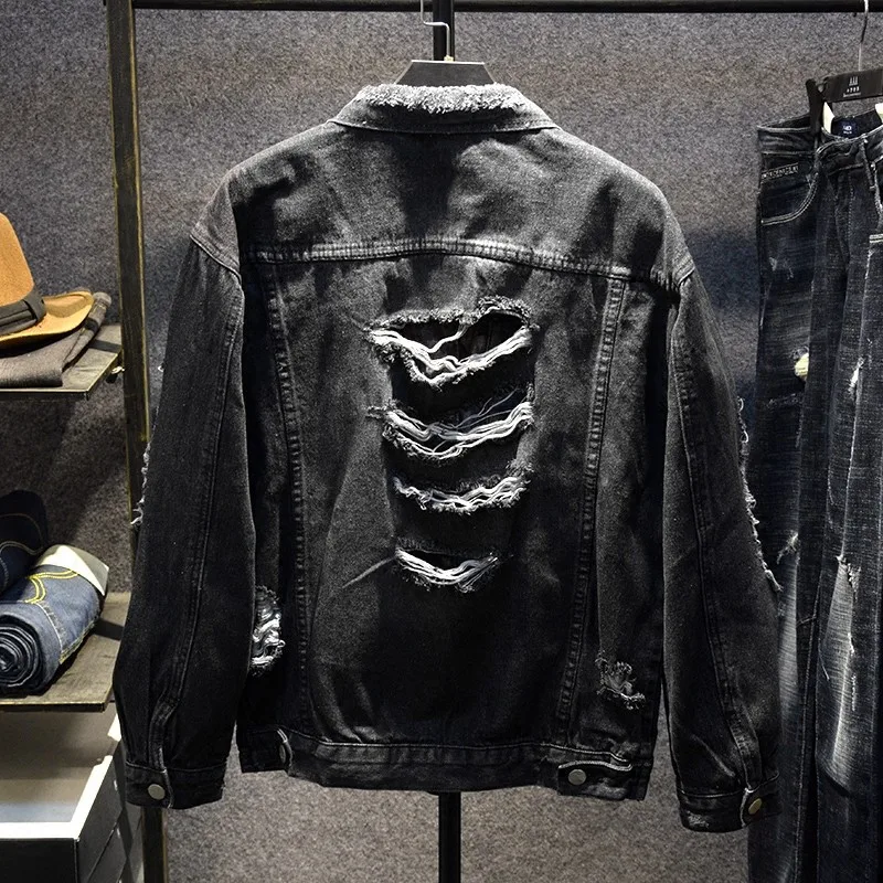 Джинсовая куртка унисекс с длинным рукавом однобортная рваная приталенная из