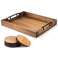 ottoman tray with handle for living room set of 4 natural wooden coasters rustic serving tray for coffee table kitchen