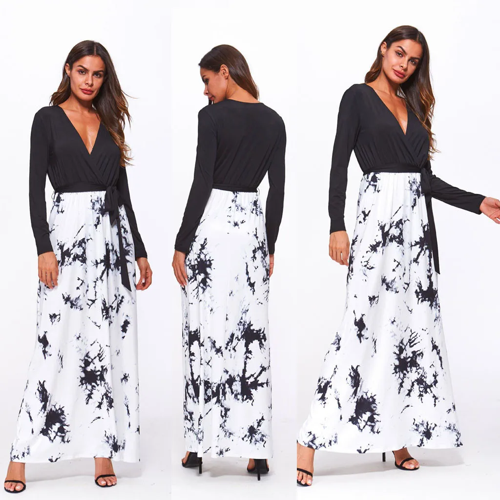 

Women's Long Sleeve Dress Autumn and Winter Bohemian V Sexy Collar Casual Fashion Bow Long Dress W0813