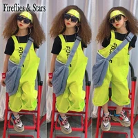 summer girls 2 pcs set baby tee shirt suspender pants kids tracksuits children activewear clothes green strap letter 3 to 12 y