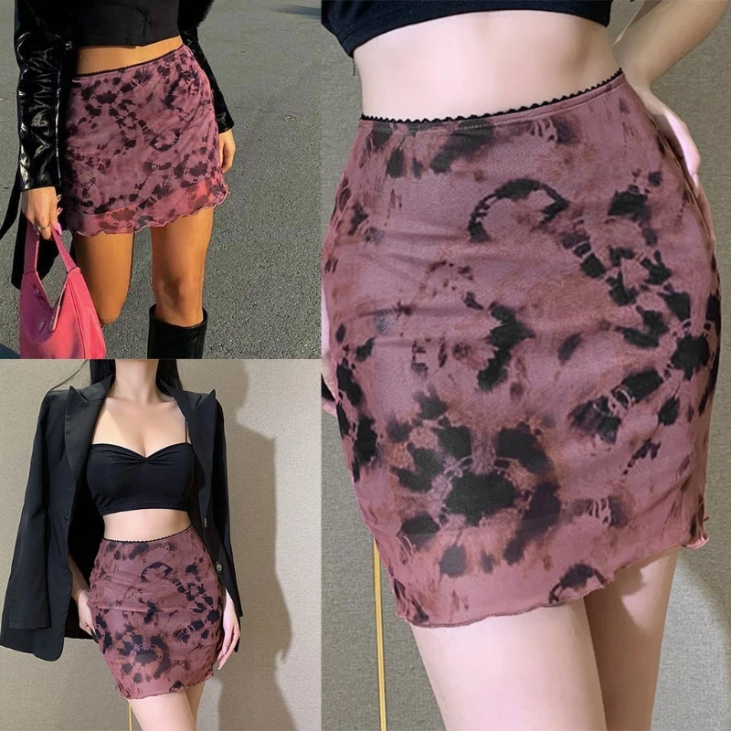 

U90E Women Goth Punk High Waist Gradient Double Layer Mesh Ruffles Slim Mini Skirt