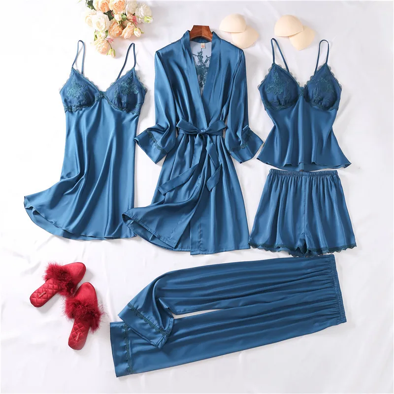 5PCS Faux Silk Women Pajamas Set Solid Sleepwear Shorts Spring Summer Homewear Robe Set Lace Nightdress Sleep Dress Pajama
