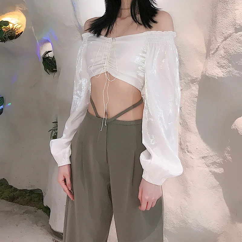 

Women T-Shirt Street Sexy Slim Halter Neck One-shoulder low cut tie puff sleeves Navel T-Shirt Casual Commute Fashion 2021 New