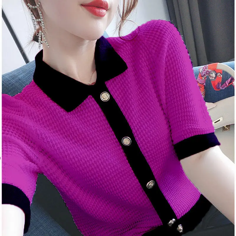 

Women 's Short-Sleeved T-shirt Loose Hollow out Thin Ice Silk Knitwear T-shirt 2021 Spring and Summer New Graceful