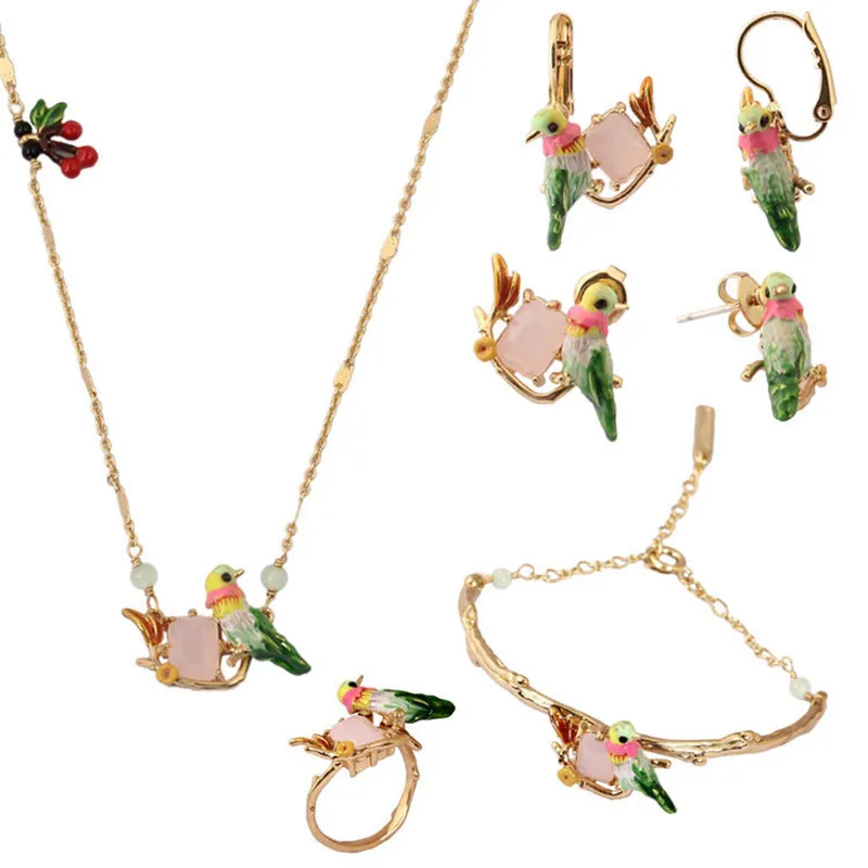 

Europe and America I Love Animals Series Set Color Hummingbird Faceted Bangle Bracelet Ring Stud Earring Ear Hook Necklace